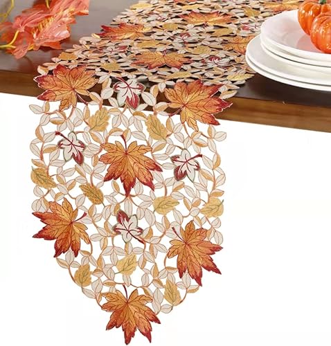 Miniatura 7 de GRANDDECO Camino de mesa de cosecha de Acción de Gracias de otoño, 13 x 34 pulgadas, hojas de arce bordadas de otoño, cubierta de mesa, para el