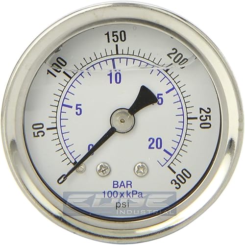 Medidor de presión relleno de líquido de acero inoxidable, montaje trasero NPT, esfera de cara de 1.5 pulgadas, clasificación WOG (0-300 PSI)