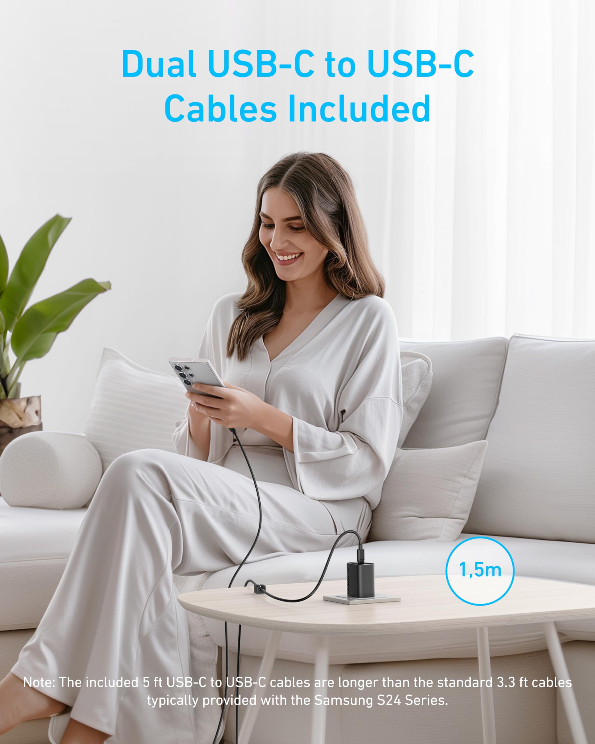 Caricabatterie superveloce Anker USB-C da 45W, con cavo USB-C, supporta la ricarica rapida PPS per Samsung Galaxy S24 Ultra/S24/S23+/S23/S22/Note20, iPhone, Pixel e altro (2 cavi da 1,5m inclusi)