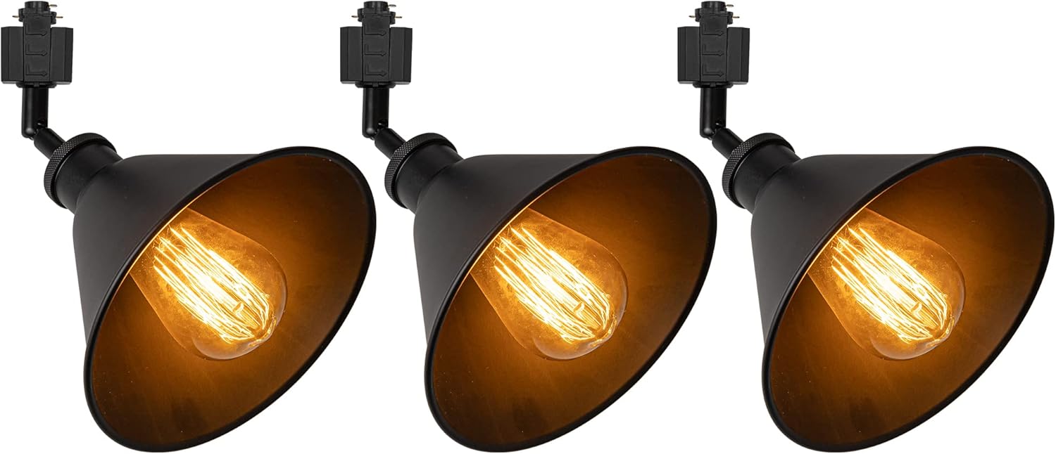 Set Three Classic Design Adjusted Angle H-Type Track Head Lighting E26 Black Base Black Metal Shade Tracking Light Fixture for Gallery Mirror Front Office Kitchen(No Bulb & Track)