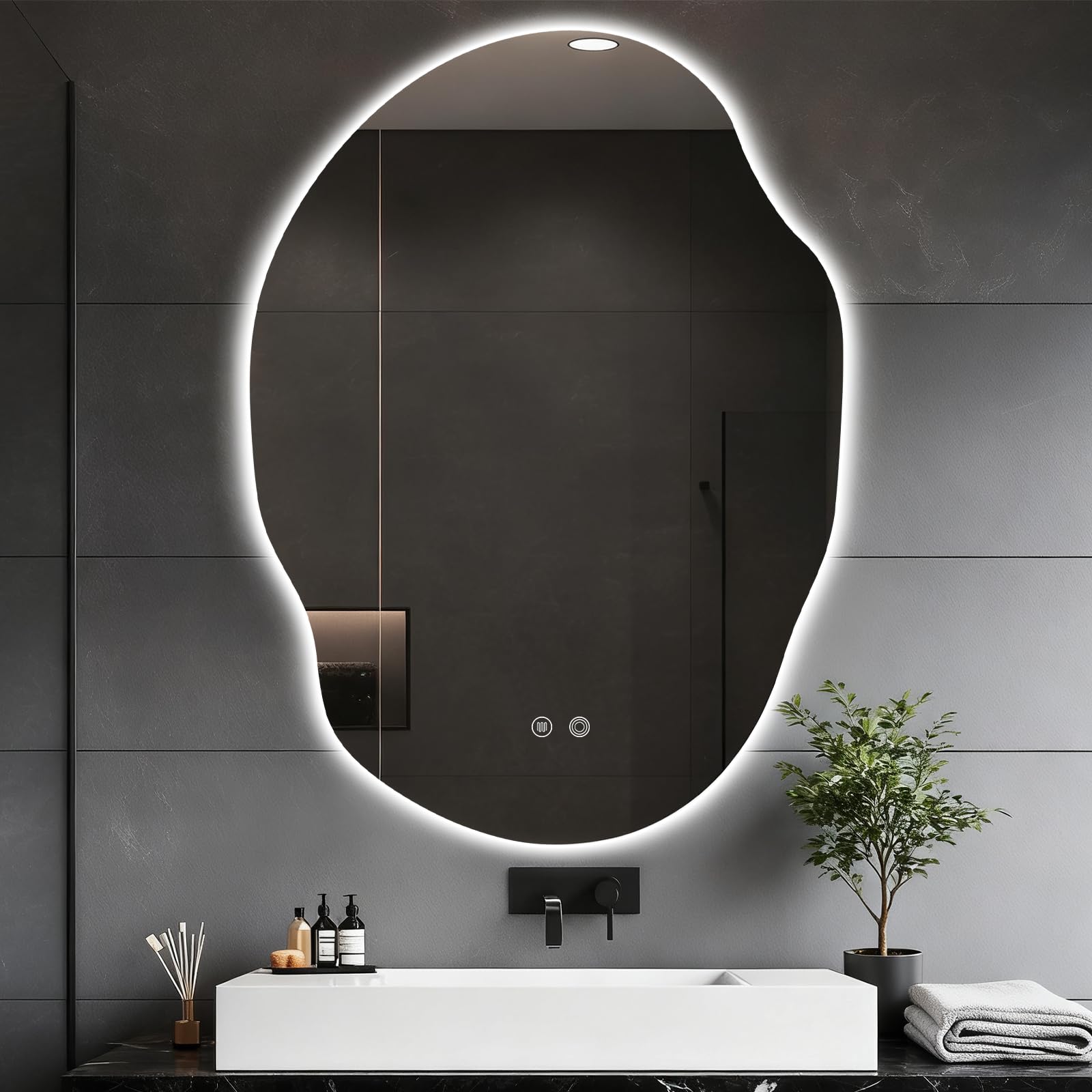 Photo 1 of PONYY Asymmetrical LED Bathroom Mirror - 40" x 30", Dimmable, Anti-Fog