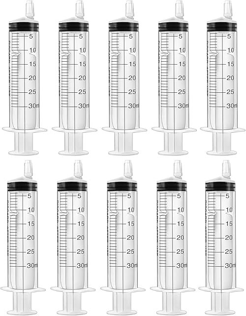 30ml Plastic Syringes,10 Pack Individually Packaged Syringes with Caps, Sterile and Measuring for Labs, Food, Dispensing, Oil and Watering