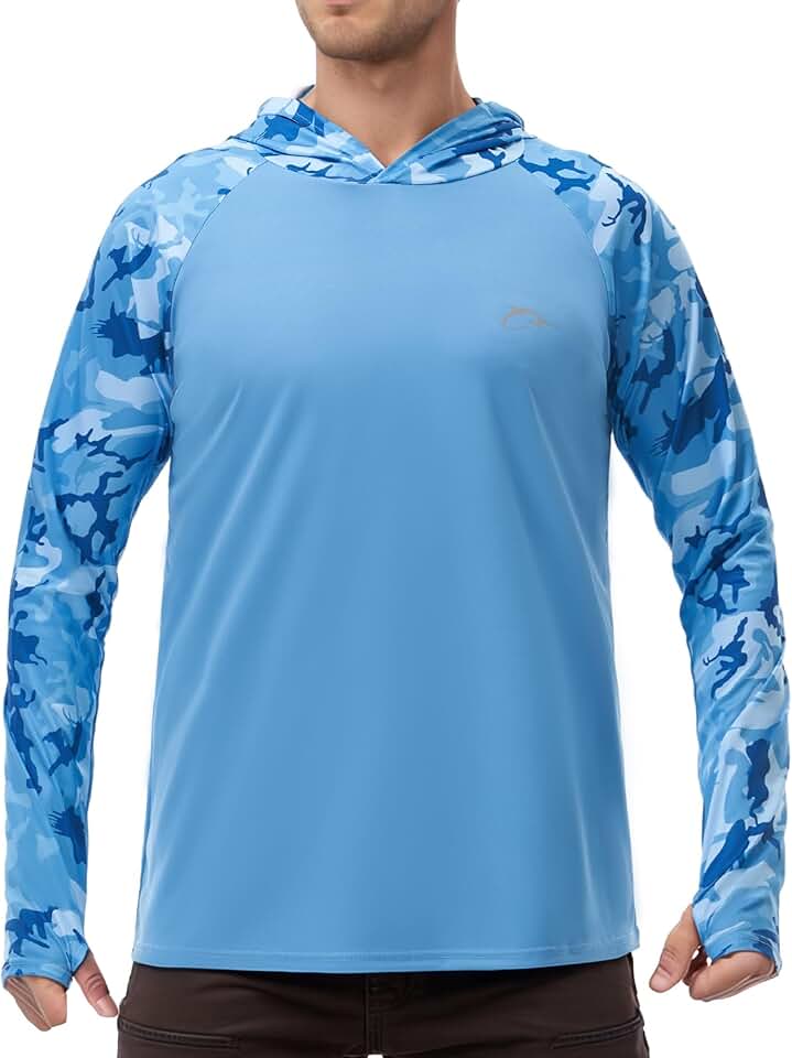 Camiseta masculina com capuz de pesca de desempenho com orifícios para os polegares - UPF 50 proteção solar camuflagem manga longa camisas secagem rápida