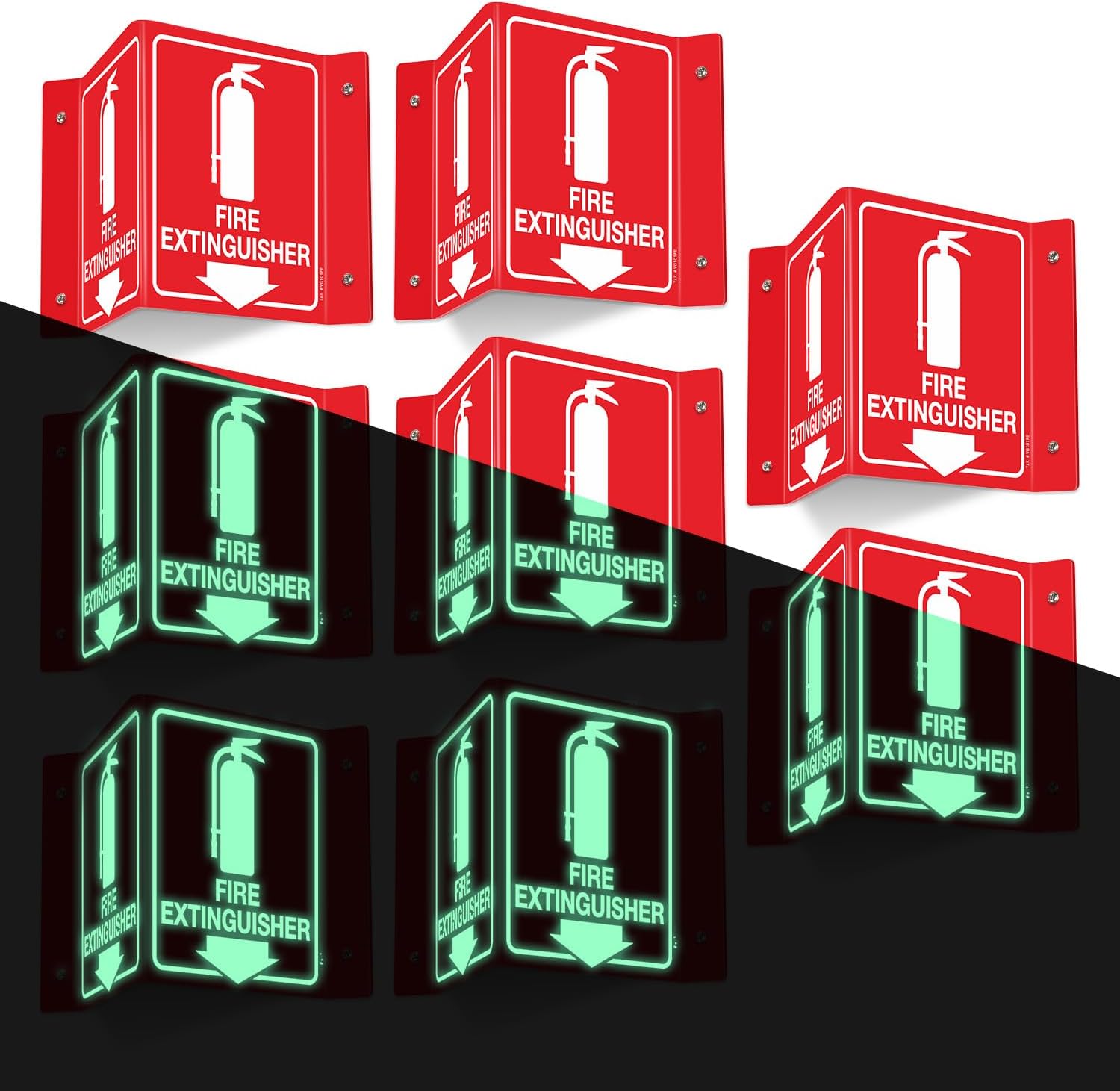 T&R Fire Extinguisher Sign, Fire Extinguisher with Down Arrow - 4 Pack - 8 x 6 Inches Glow-In-The-Dark Acrylic, 4 pre-drilled holes, Includes Matching Screws, Use for Home Office/Business