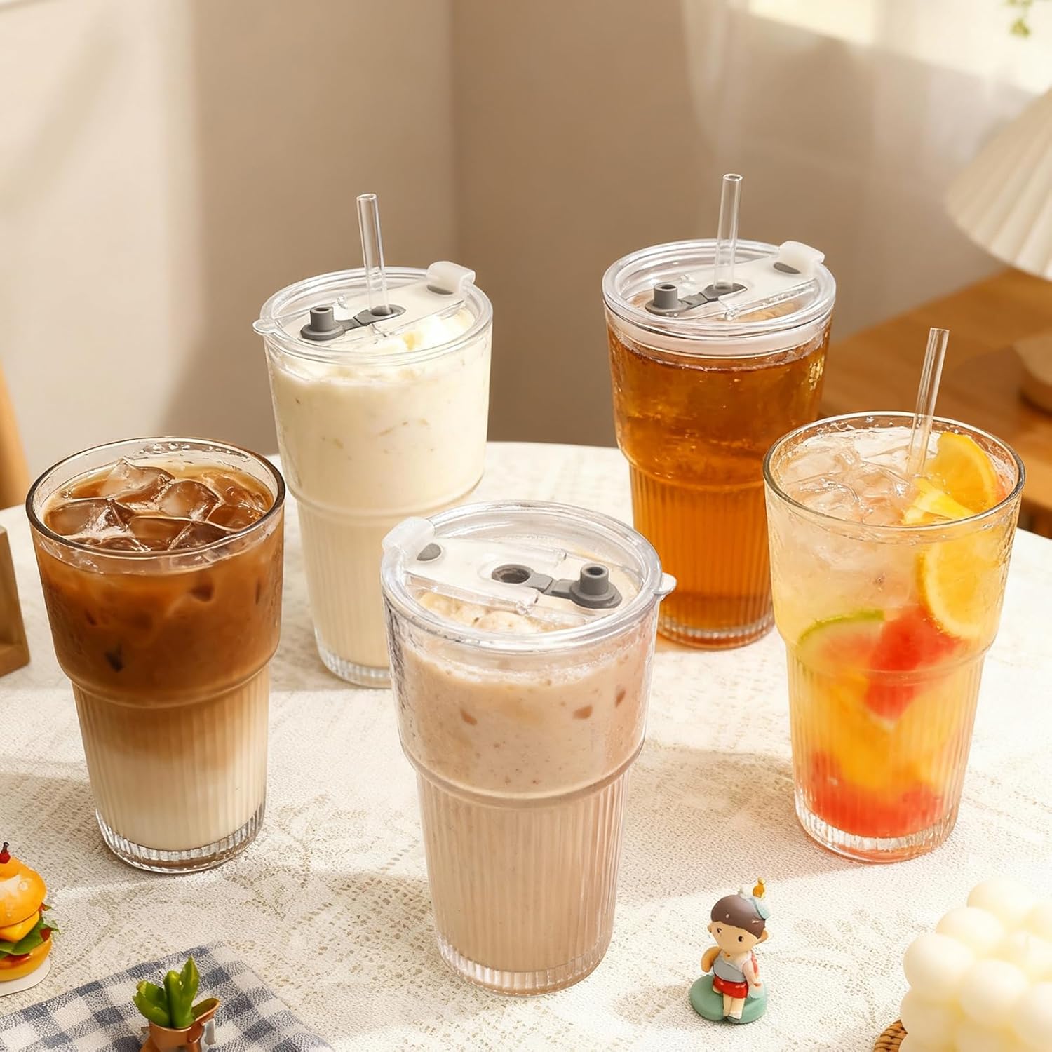 2 Pack Glass Tumblers with Lids and Straws, 20oz Iced Coffee Cups with Lids Reusable for Juices, Smoothies, Cocktail, Beer, Tea and Latte - Ribbed Design & Thick Glass - Image 7