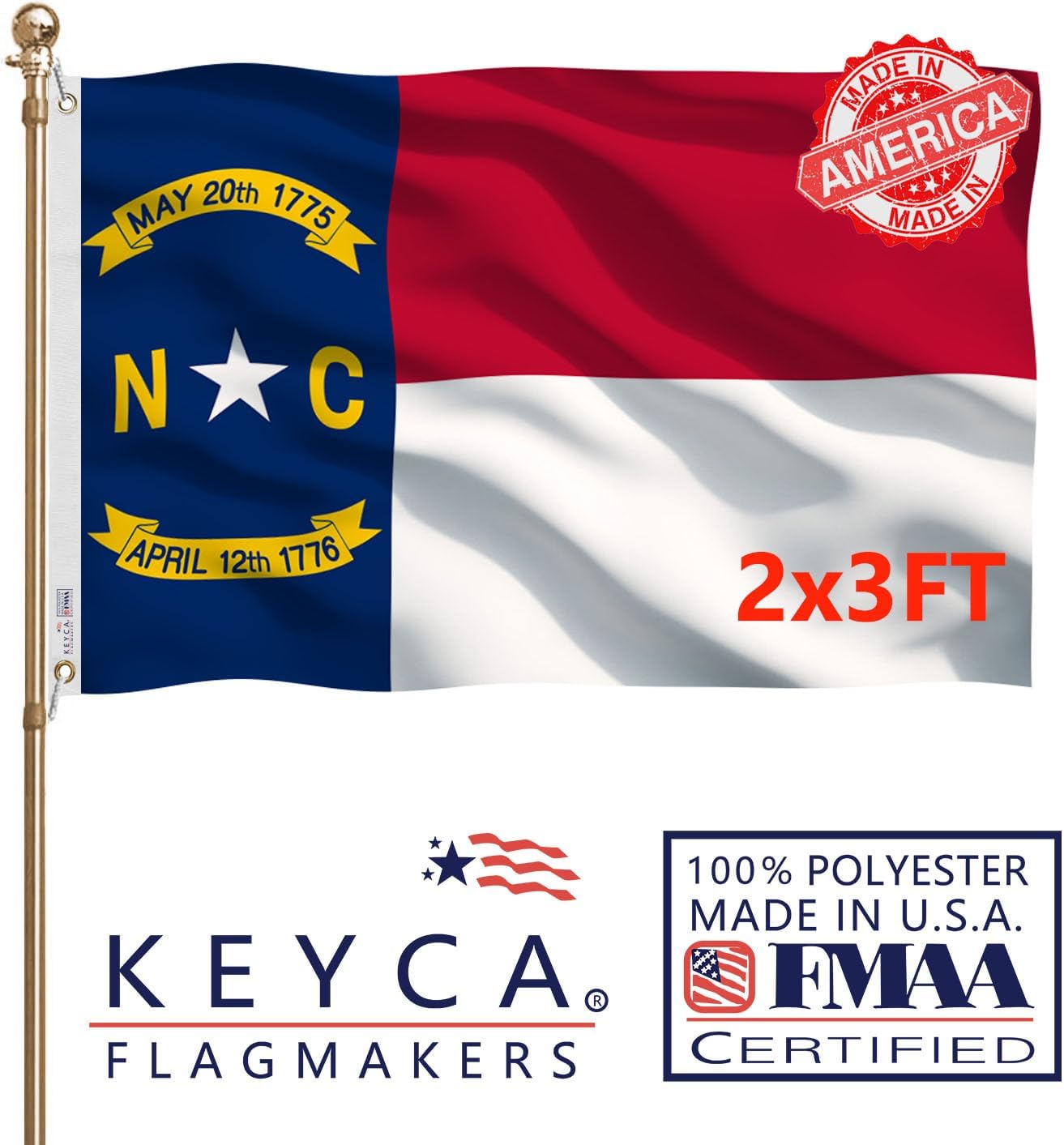 Premium North Carolina State Flag 2x3 FT 100% Made in The USA-Heavy Duty Vibrant colors Double Sided North Carolina SC Flag with 2 Brass Grommets for Home/Company/Indoor Outdoor Decoration