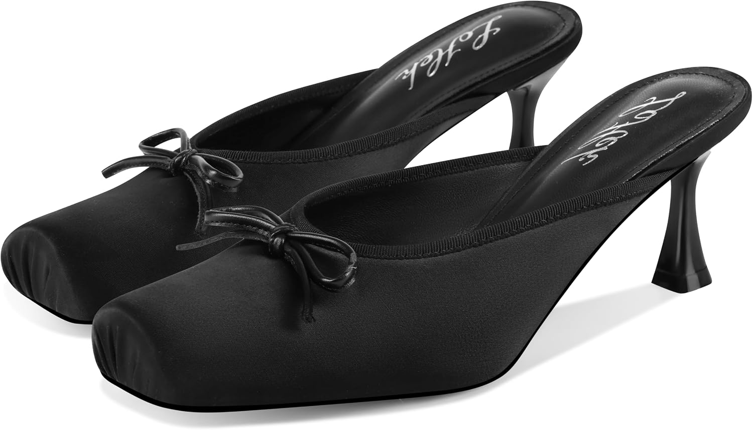 Satin Ballet Mule Kitten Heels Slip on Ballerina Heels with Bow Knot Closed Square Toe Pumps Comfortable Elegant Wedding Dress Party