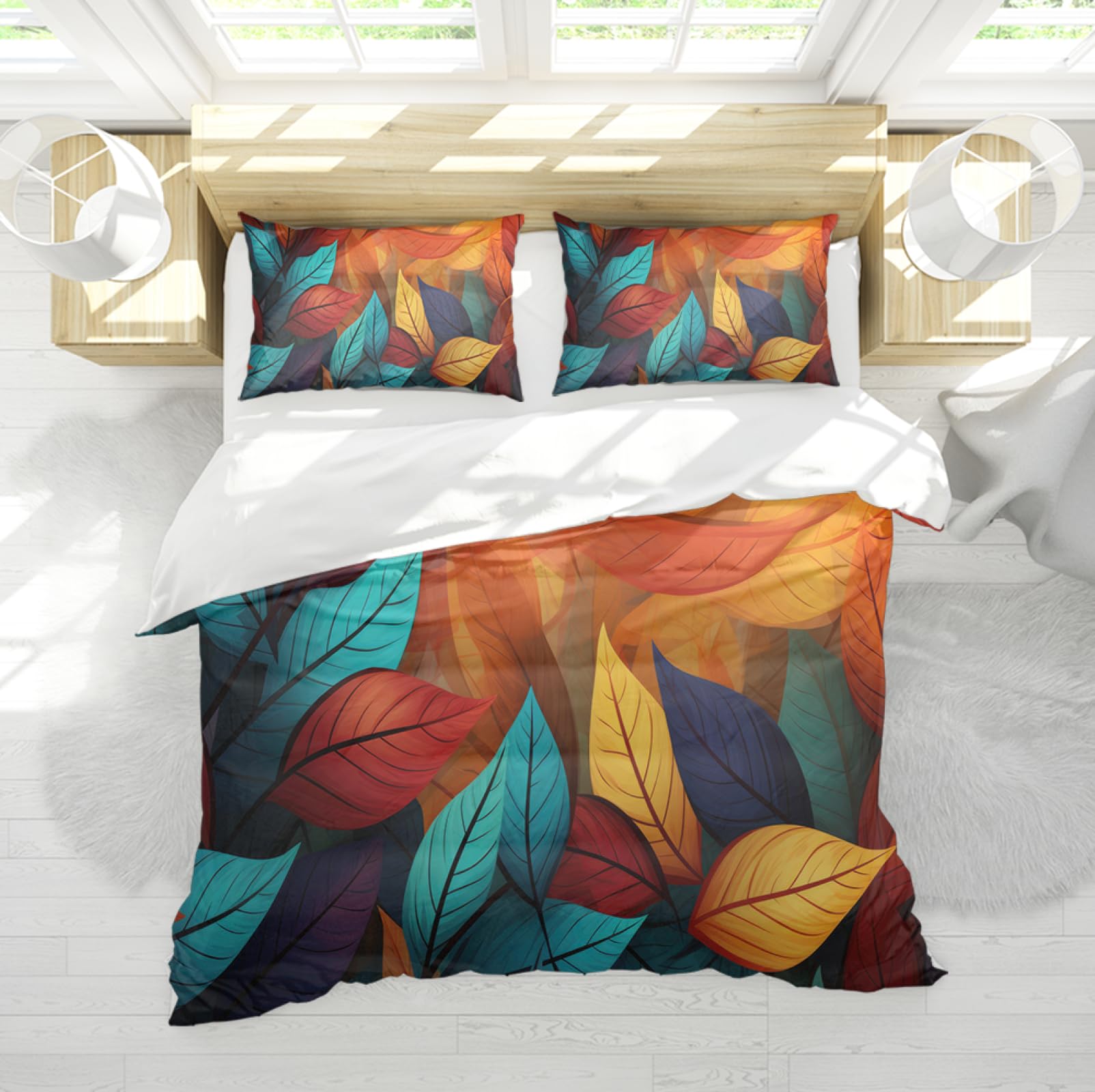Housse de couette 260x240cm feuilles colorées moelleuse parure de lit 3 pièces