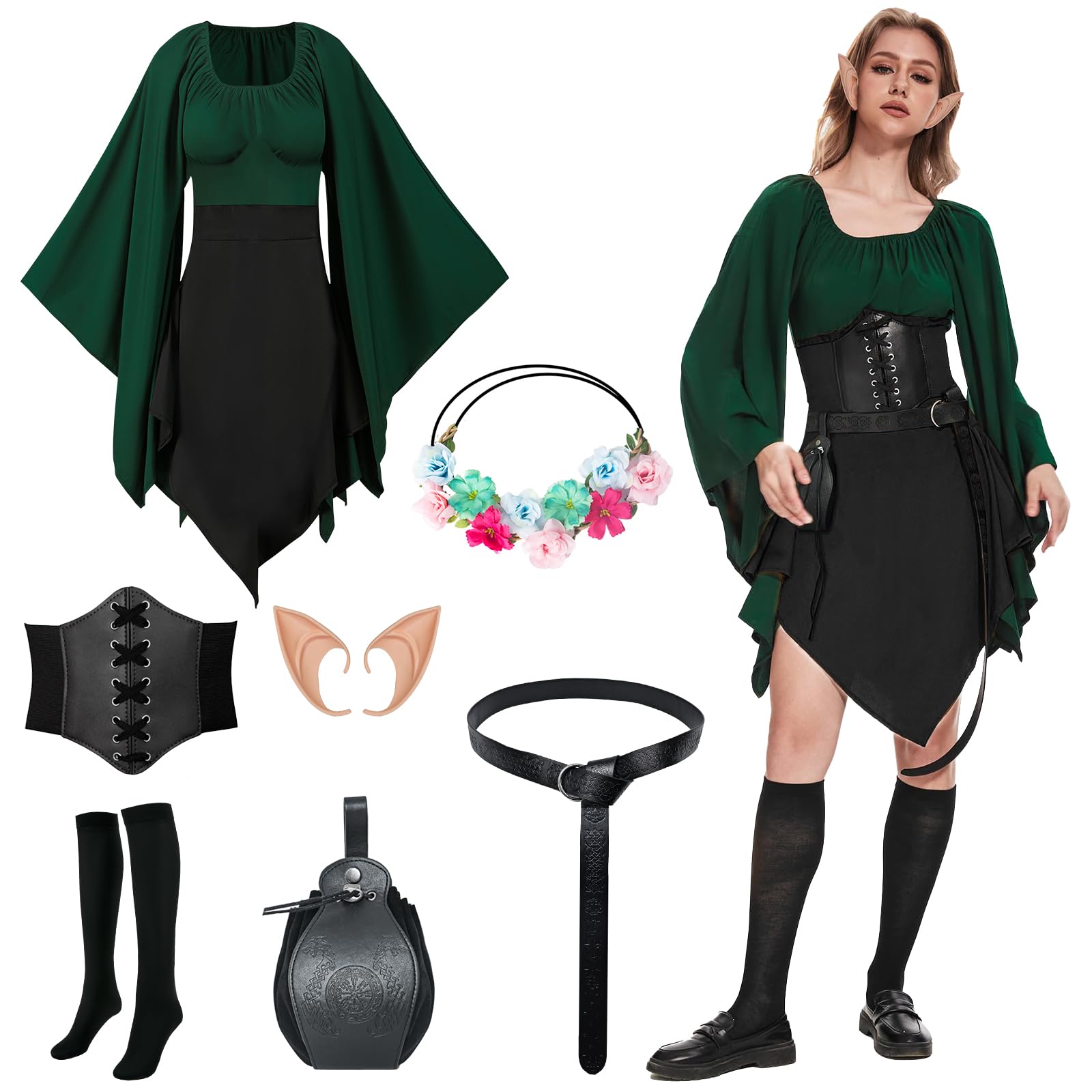 Vêtements médiévaux pour femme | Robe gothique à capuche, robe irlandaise Renaissance elfe cosplay, ensemble complet accessoires