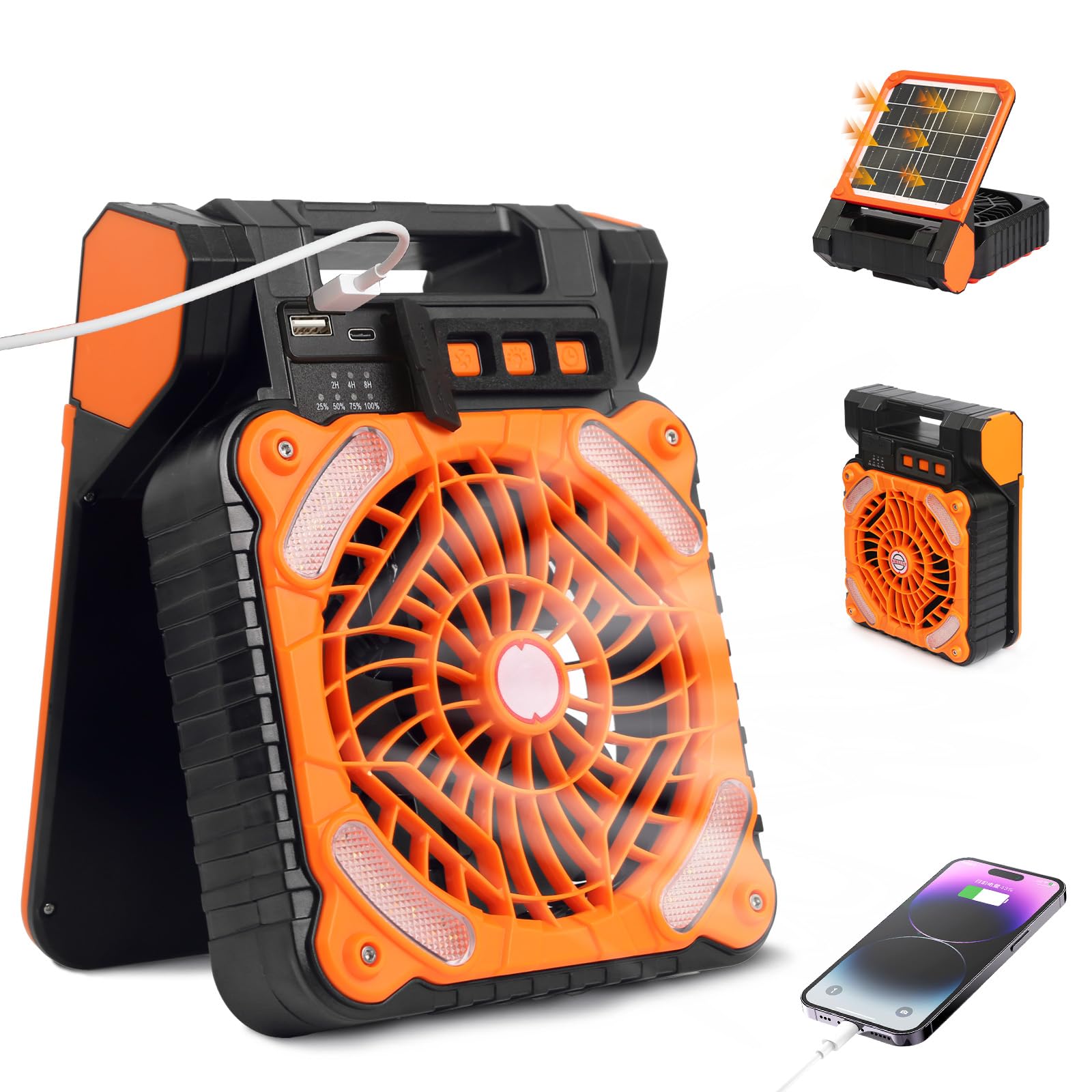 Camping Fan with LED Lantern, Portable Rechargeable Solar Powered Fan with 20000 mAh Battery, 3-Levels Timer, 4-Levels Speeds Adjustable Table Desk Fan for Outdoor Fishing Camping Beach Picnic Travel