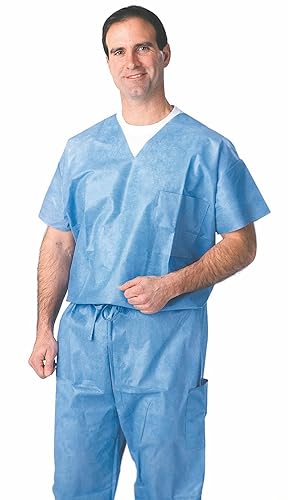 Medline Camisa quirúrgica desechable, cuello en V, tamaño mediano, unisex, azul (paquete de 30)