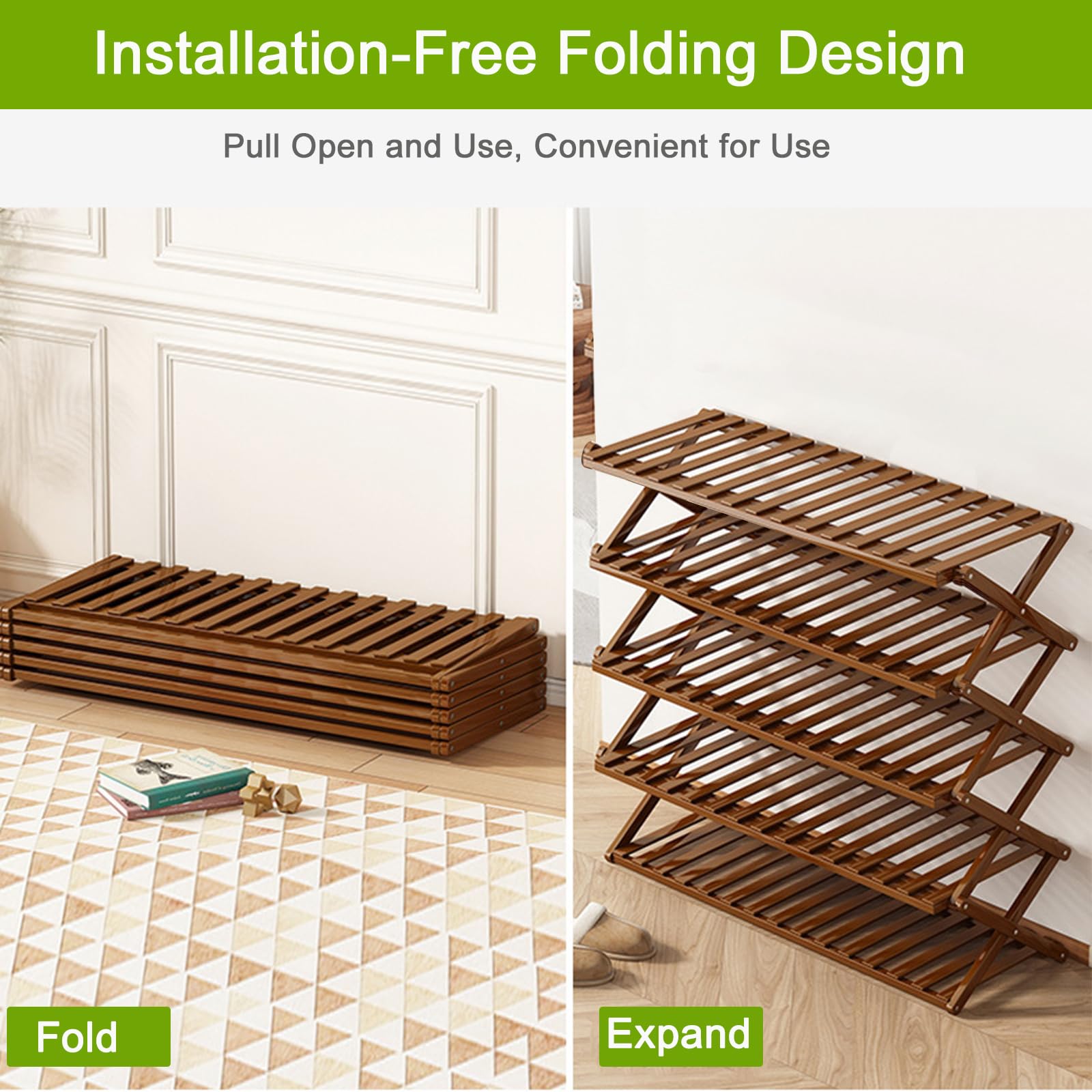 Schuhregal mit 5 Ebenen, Faltbares Schuhschrank aus Bambus, Shoe Rack platzsparend Schuh-Organizer für 16-20 Paar Schuhe, Stapelbar, für Flur, Eingangsbereich, Wohnzimmer 50 x 25 x 90 cm