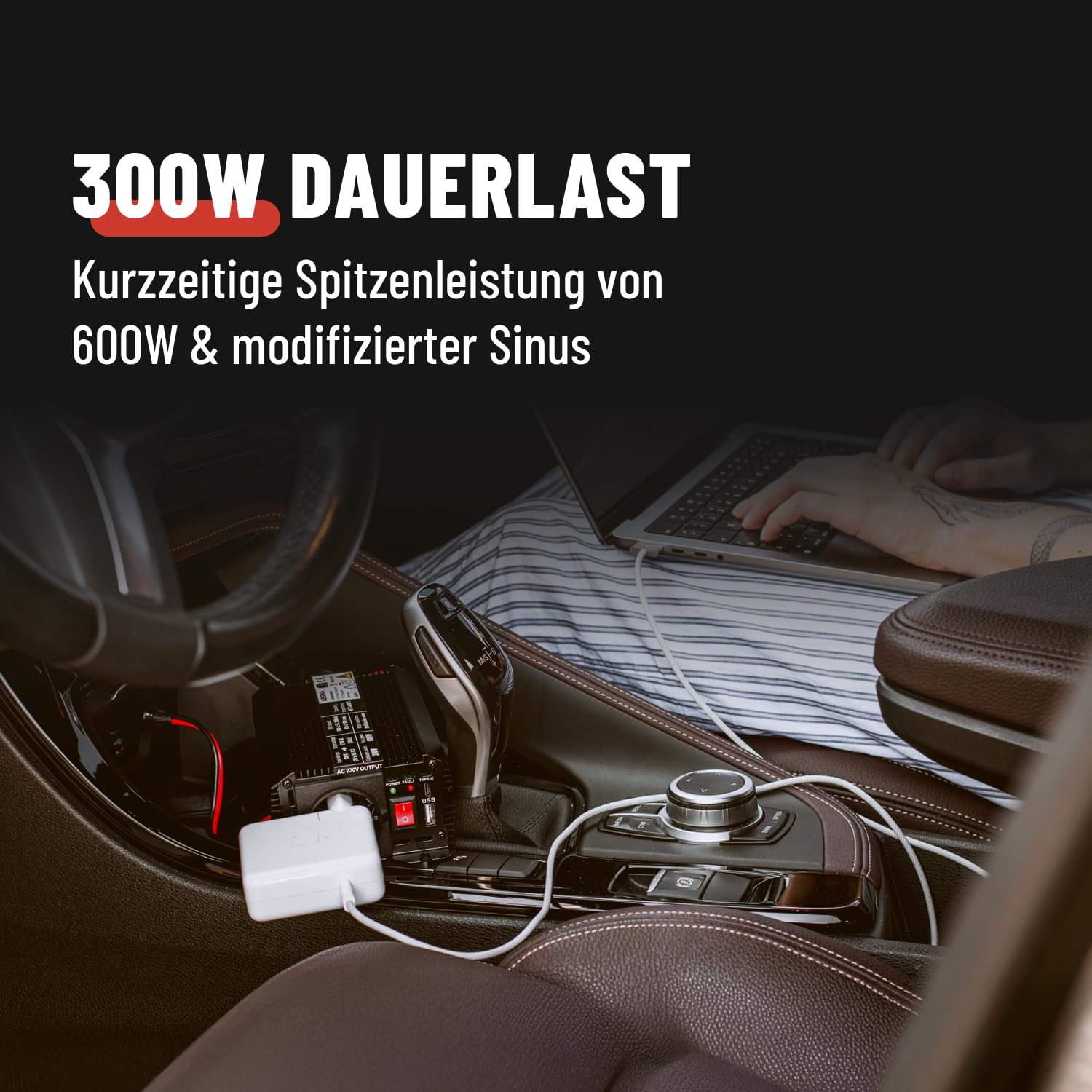 ABSINA Wechselrichter 12V auf 230V - Modifizierter Sinus Spannungswandler - Inverter 300W mit 600W Spitzenleistung - Stromwandler - Stromumwandler - Umwandler