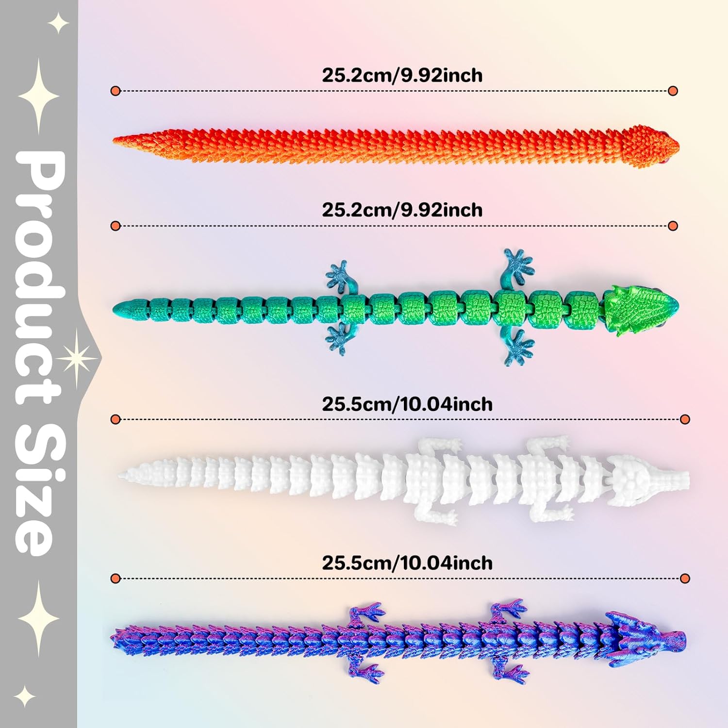 3D Printed Animals 3D Printed Toys Articulated Large 3D Printed Animal Figurines Fidget Toys with Snake, Dragon, Crocodile & Gecko, Perfect for Home Décor & Gift, 4Pack - Image 2