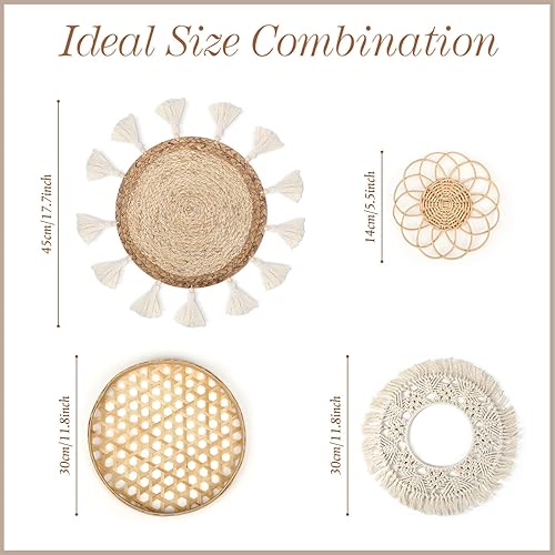 Miniatura 5 de Juego de 4 cestas de pared bohemias para colgar en la pared, decoración de macramé de ratán, redondas, planas, redondas, de mimbre, borlas de