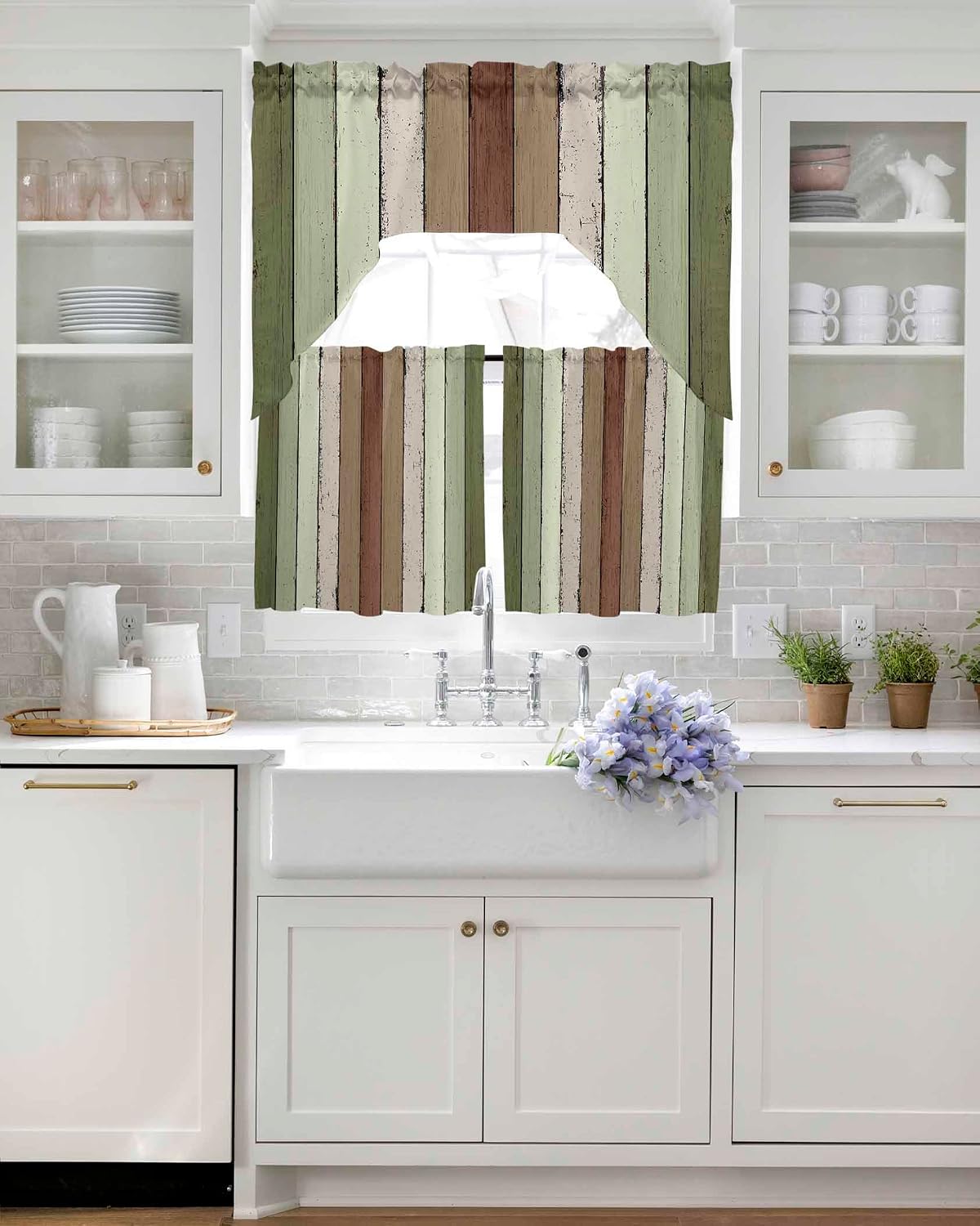 Sage Green Brown Wooden Swag Kitchen Curtains Valance and Tier Set 24 Inch Length, Vintage Rustic Farmhouse Wood Plank Rod Pocket Swag Curtains for Living Room Bedroom Bathroom Window Drapes 3 Piece