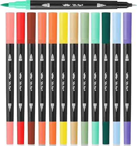 Mr. Pen - Bolígrafos de punta doble, 12 unidades, colores surtidos, marcadores finos y de punta de pincel para adultos marcadores de colorear para