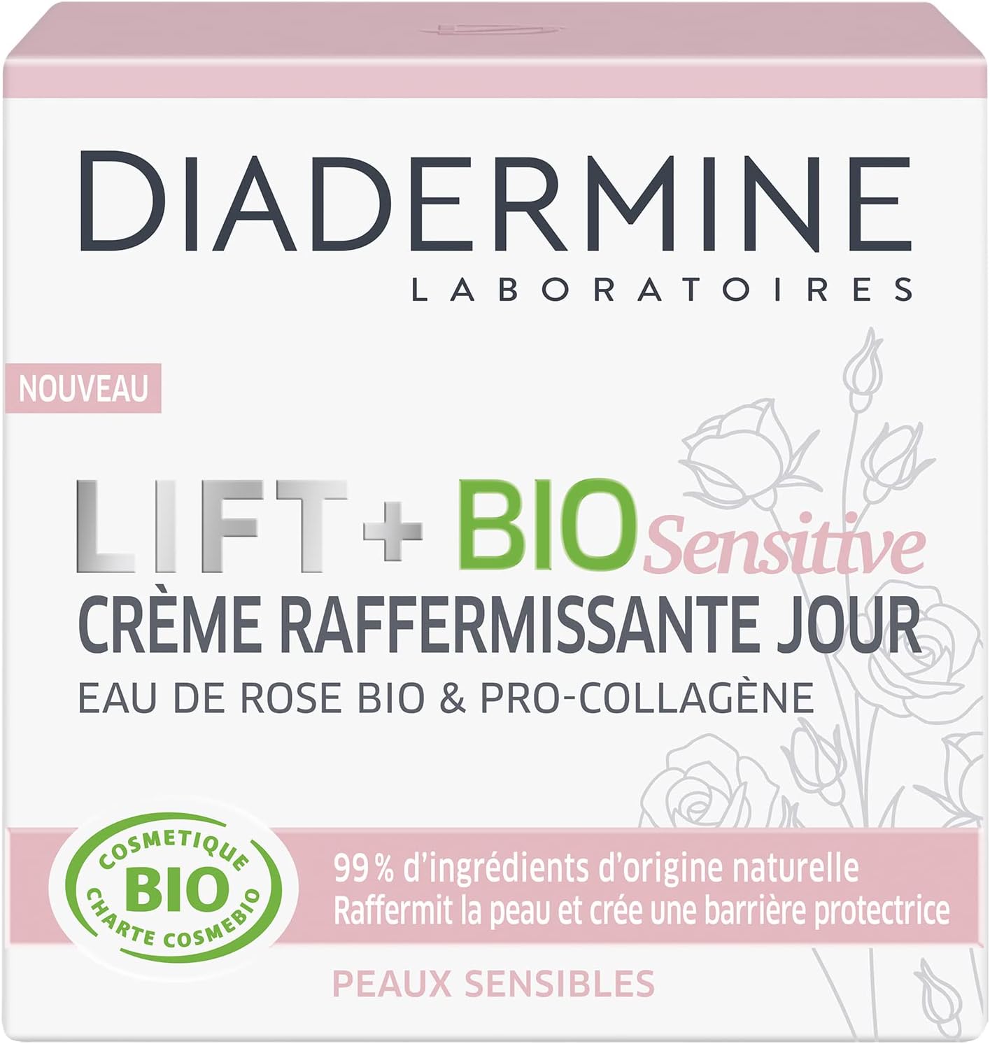 Diadermine Lift Plus BIO Sensitive – firming day cream – facial care – sensitive skin – organic rose water and pro collagen – 50 ml can