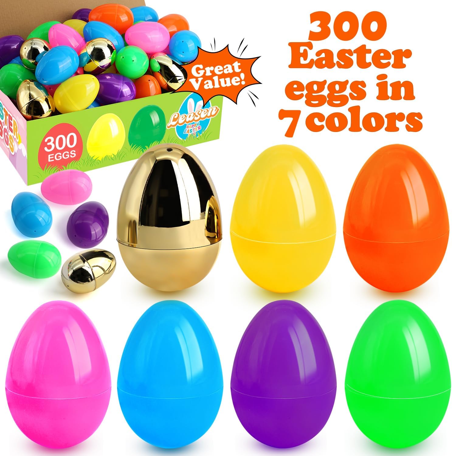LEASEN [ 6 Surprise Golden Eggs ] 300 Pack Plastic Easter Eggs Bulks, 2.3 Inch Empty Easter Eggs, Bright Colors Plastic Eggs Fillable for Easter Hunt, Basket Stuffers Fillers, Easter Party Favor