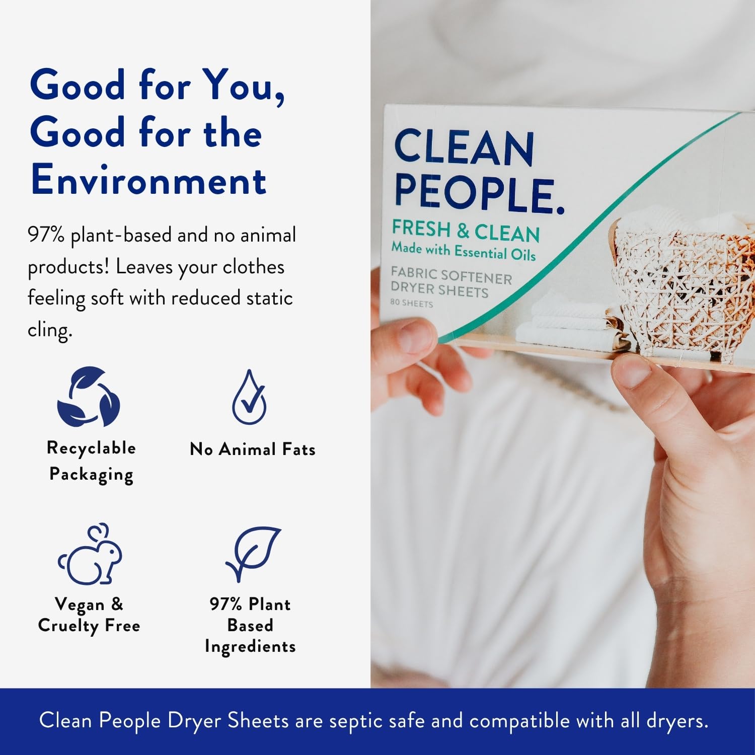 THE CLEAN PEOPLE The Clean People - Fogli ammorbidenti per asciugatrice, ammorbidiscono ed eliminano l'elettricità statica, ammorbidente vegano con oli essenziali, profumo fresco, P