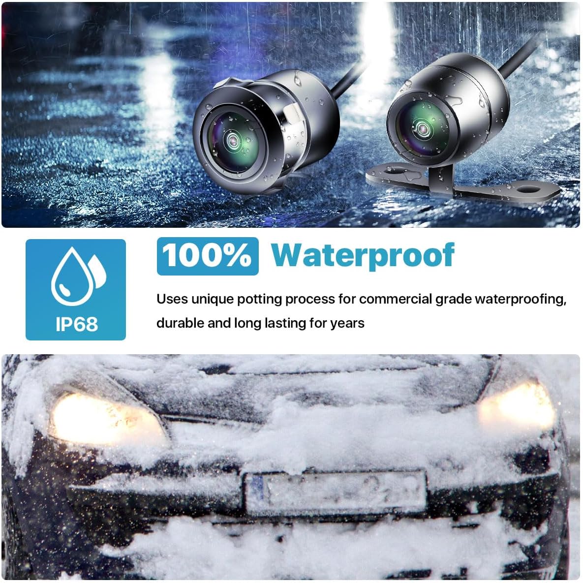 Image showing the camera in rainy and snowy conditions, highlighting its 100% waterproof IP68 feature