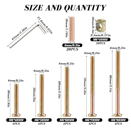 Miniatura 10 de Juego de 16 tornillos de cuna de repuesto, tornillos, tuercas de barril y tacos de madera, tornillos de cabeza hexagonal para cabeceros y muebles,