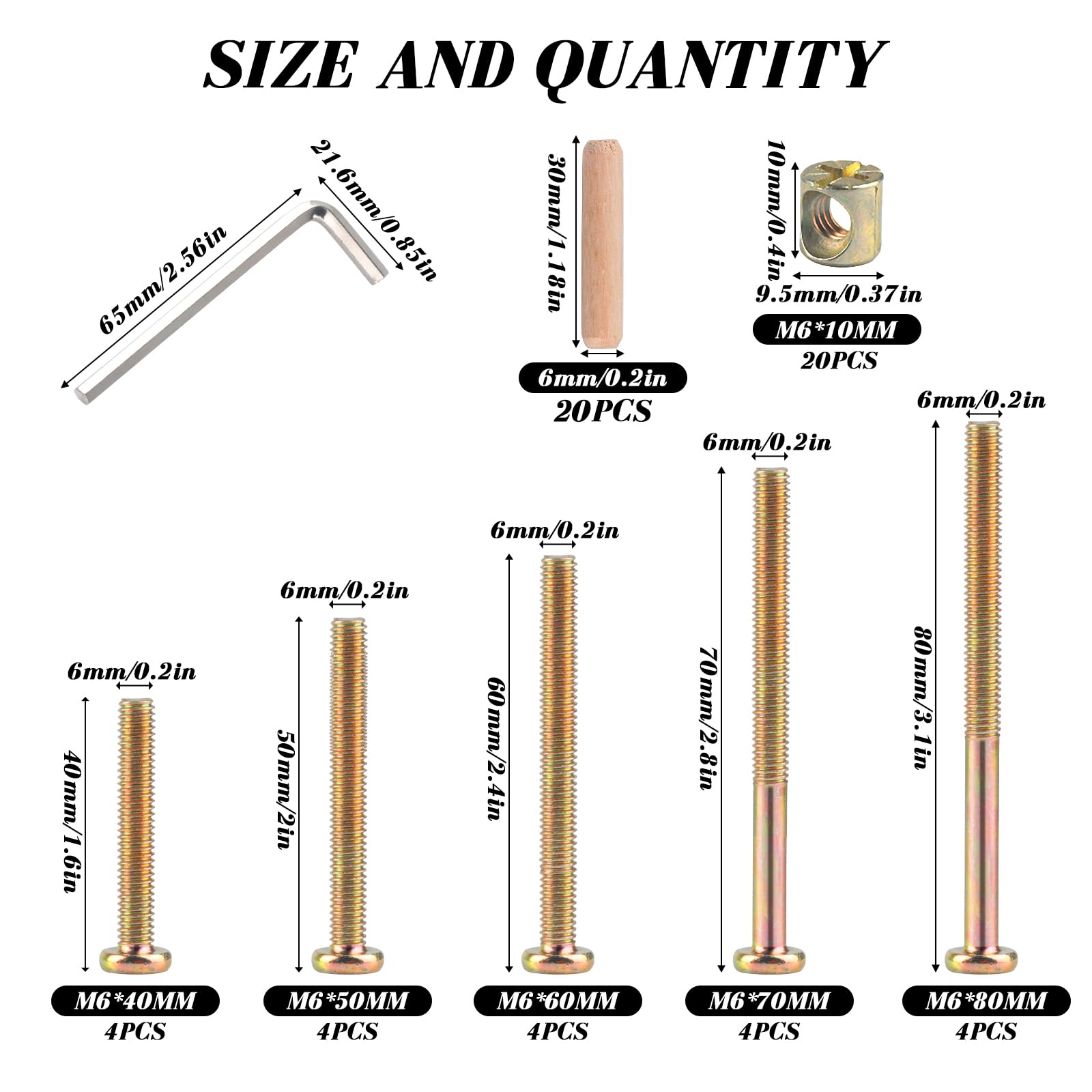 M6x40-80 Crib Screws - Bed Hardware Kit (20 Set) -2