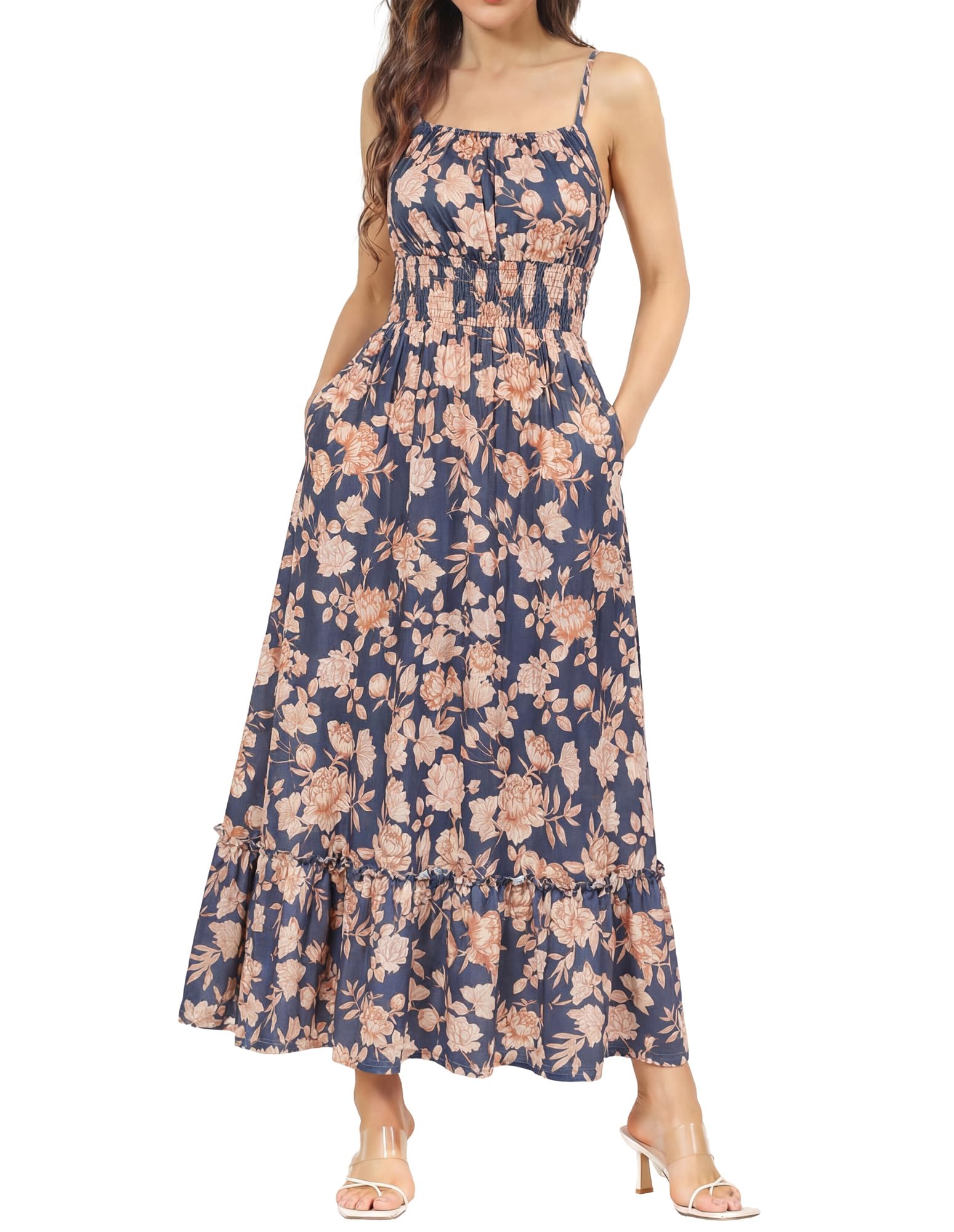 GRACE KARIN Damen Ärmellos Blumenkleid Maxikleid Casual Cami-Kleid Böhmisch Kleid Spaghettiträger Smocked Cocktailkleid Rüschen Freizeitkleid Strandkleid