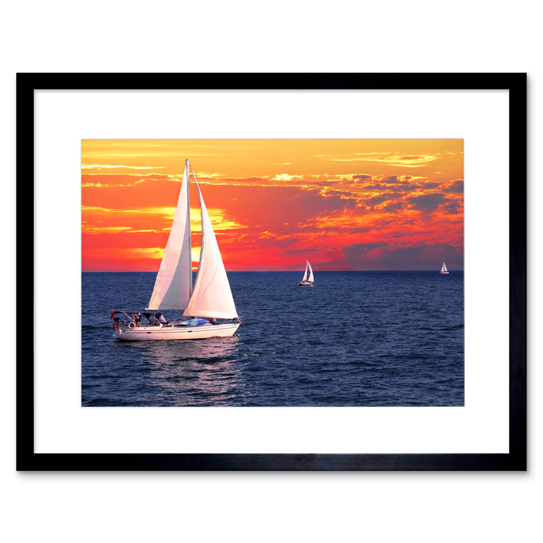 Wee Blue Coo SAILBOATS SUNSET PINK SKY SEA BLACK FRAME FRAMED ART PRINT PICTURE B12X9280