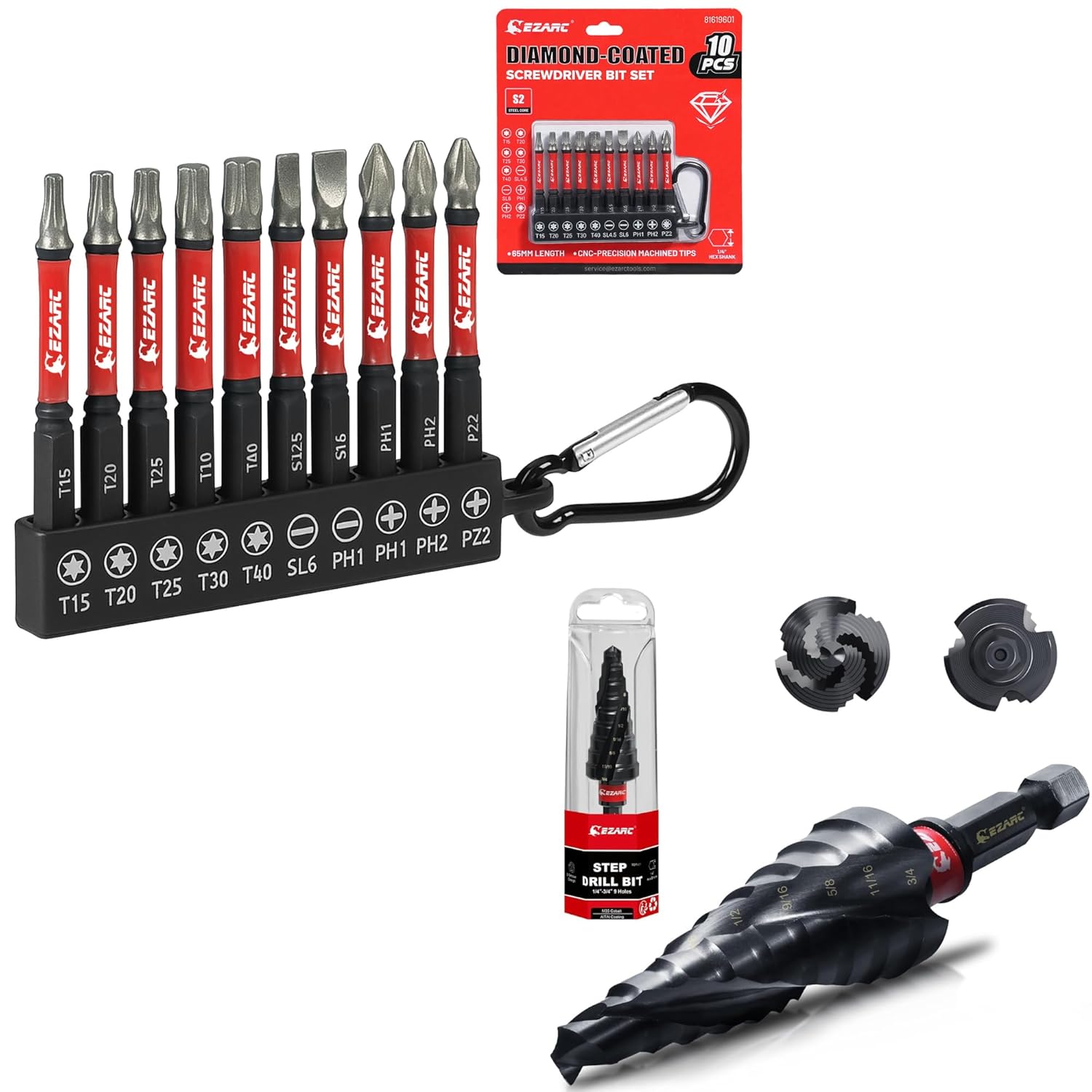EZARC Diamond Coated Screwdriver Bit Set and EZARC Step Drill Bit for Metal