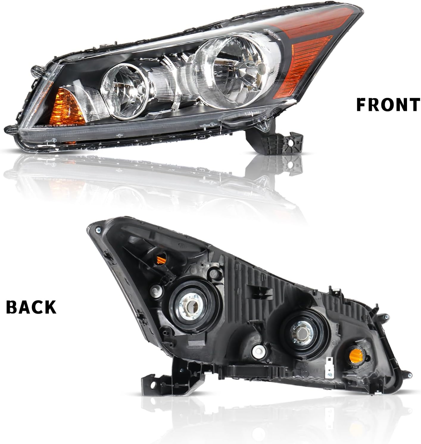 Pair of Headlights Assembly Compatible with 2008 2009 2010 2011 2012 Honda Accord Black Housing Clear Halogen Headlamps Driver and Passenger Side
