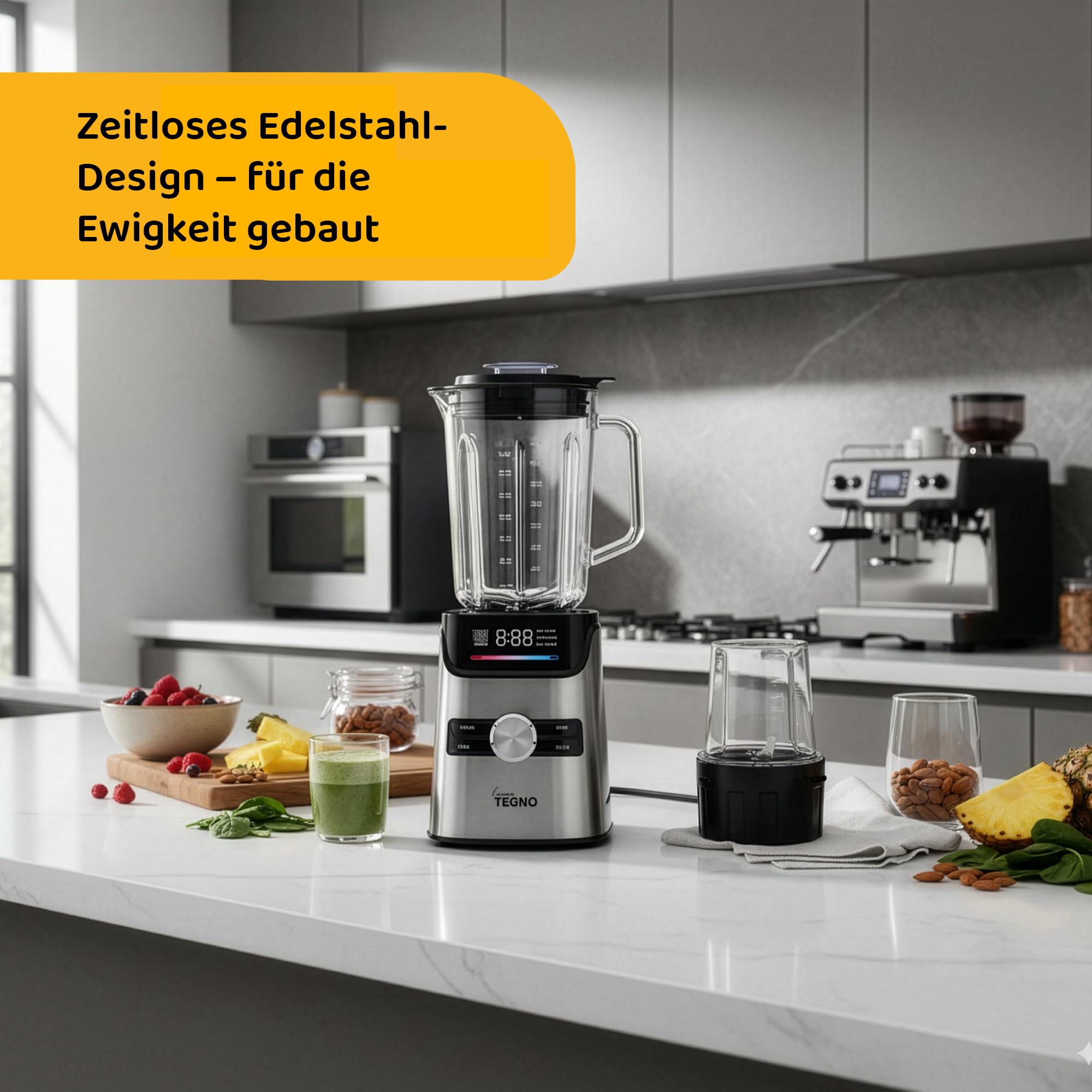 Power Blender - Linea Tegno – Profi Standmixer & Smoothie Maker – 1400W Hochleistungsmixer mit 1,7L Glasbehälter, LED-Display & 250ml Kaffeemühle – Edelstahl