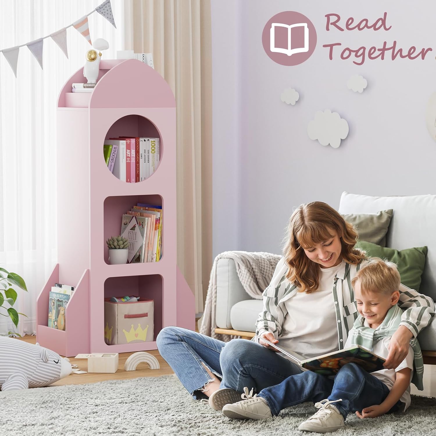 Arlopu 3-Tier Kids Bookshelf and Toy Storage, Rocket Space Theme Baby Cabinet with Side Shelves, Montessori Wooden Open Toddler Bookcase, Display Organizer for Nursery, Playroom, Kindergarten (Pink)