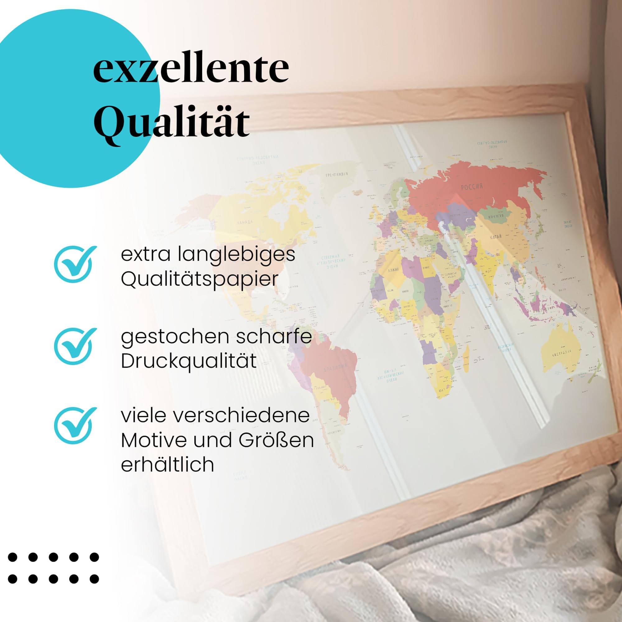 Postereck - 0672 - Politische Weltkarte, In Russisch Hauptstadt - Unterricht Klassenzimmer Schule Wandposter Fotoposter Bilder Wandbild Wandbilder - Leinwand - 75,0 cm x 50,0 cm