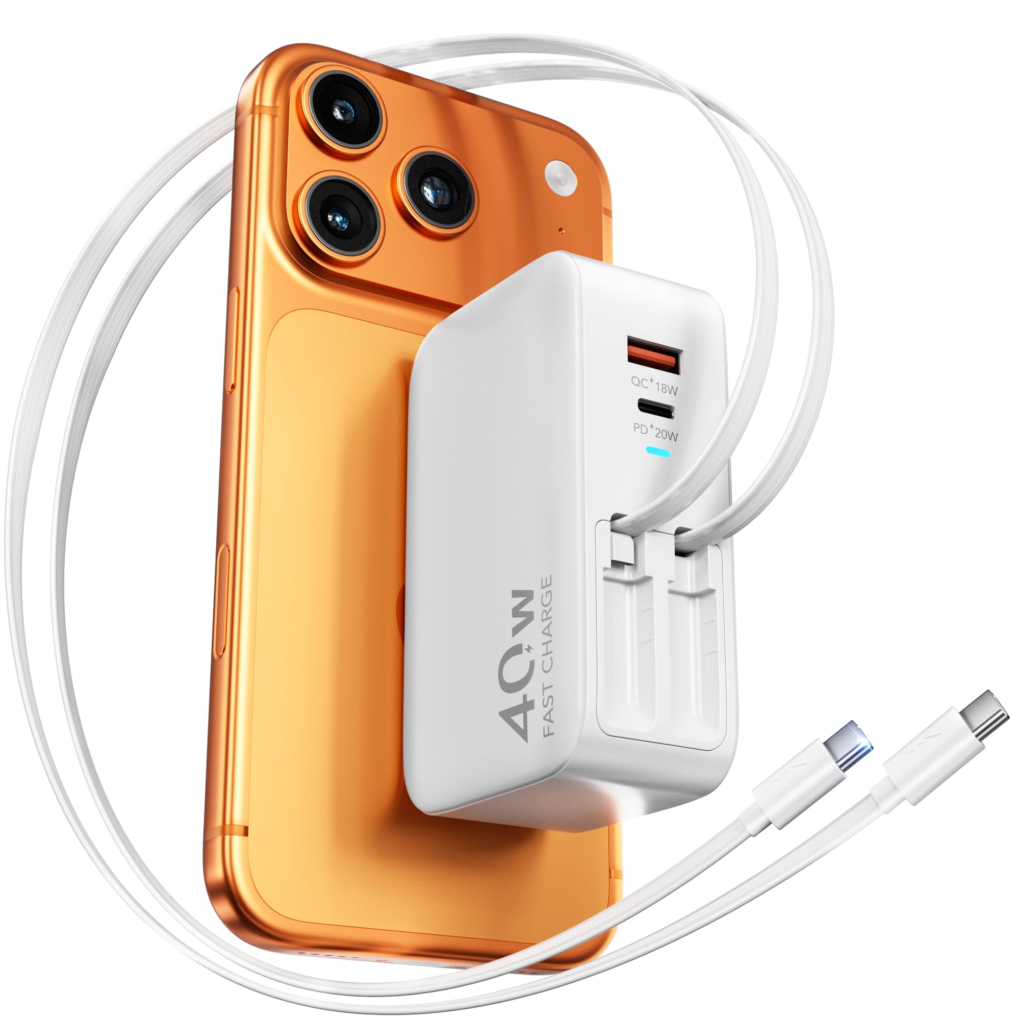 Bloc de charge GaN 4 en 1 pour iPhone 17, Travel Essentials Bloc de charge rapide 40 W Max Câble rétractable pour 2 types C, prise de chargeur de téléphone rétractable pour iPhone 17 Pro Max/16/15