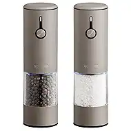 Stainless Steel Rechargeable Electric Salt and Pepper Grinder Set, USB Charging with Dust Cover, 6 Adjustable Grinding Modes + LED Light 2pack，Brown