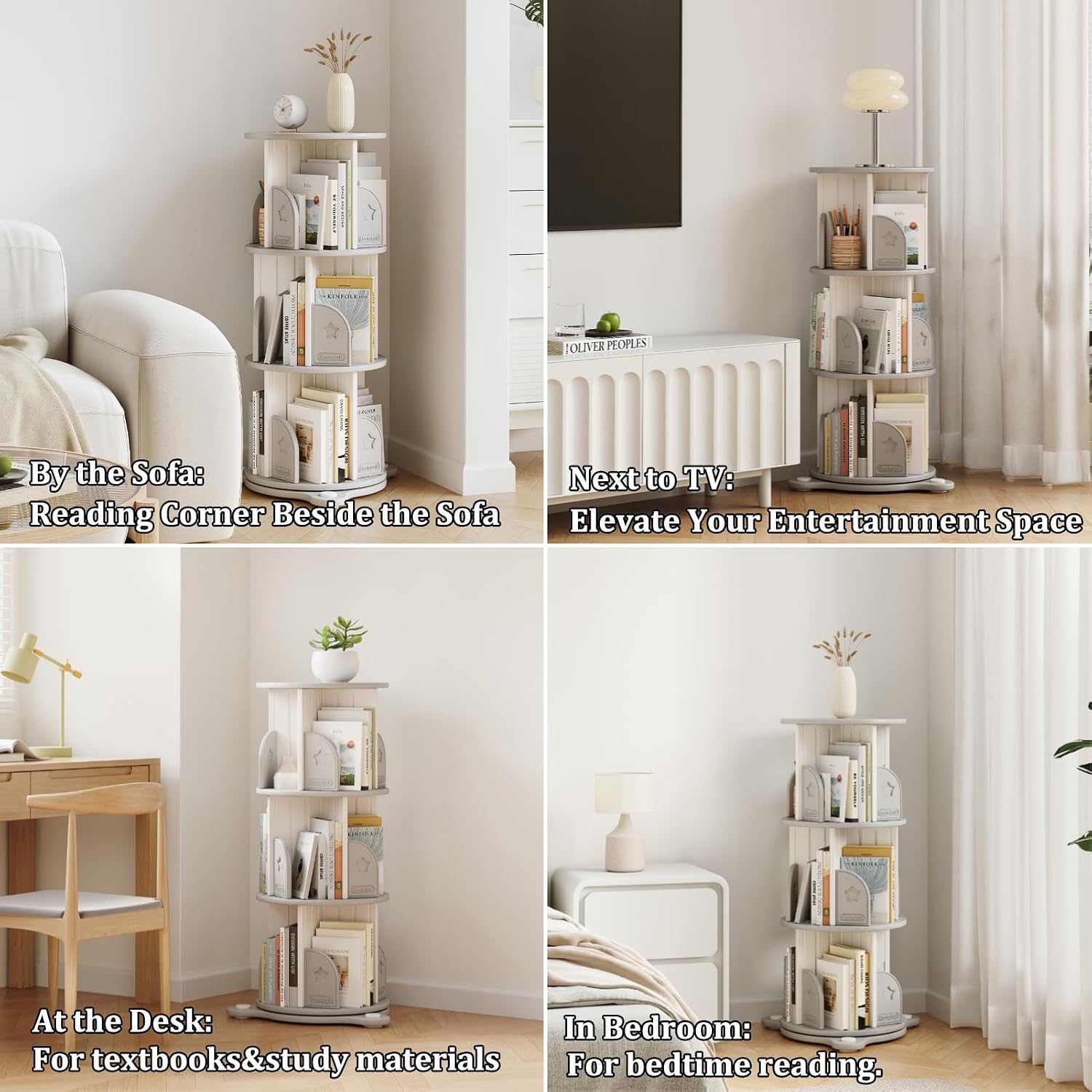 3-Tier Rotating Bookshelf, 360° Spinning Corner Bookcase with Display Stand - HDPE Plastic Book Storage Organizer for Bedroom, Home Office, Classroom, Living Room