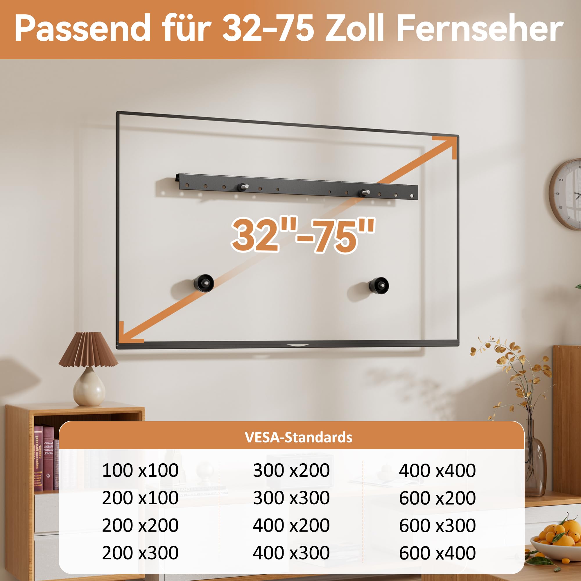 Supporto da parete per TV senza piedistallo per TV da 32–75 pollici, supporto da parete per TV per pareti in cartongesso, senza forare e senza tasselli con max VESA 600x400 mm fino a 68 kg