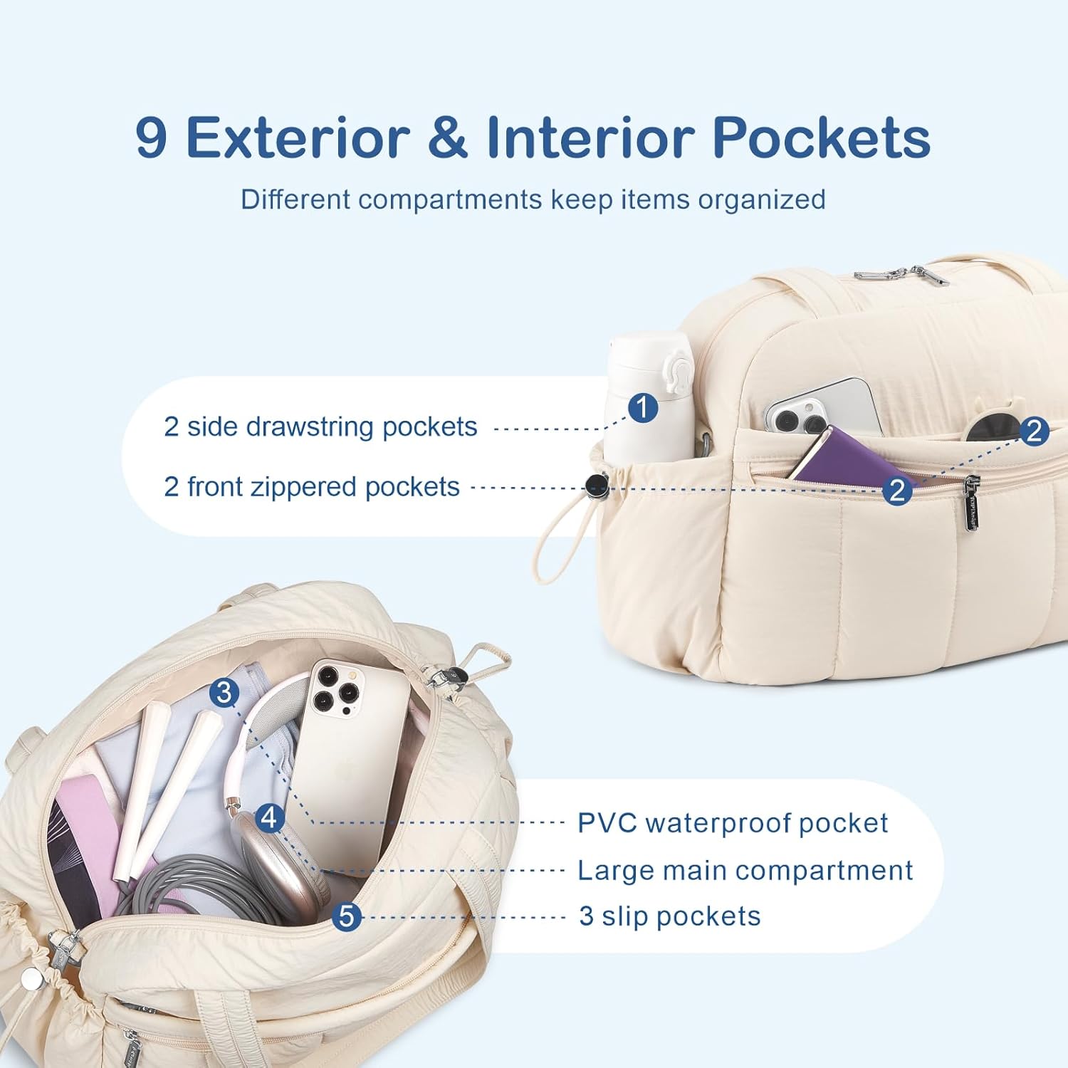 TOPDesign Travel Duffel Bag for Women, Puffer Gym Bag Sports Tote with Wet Pocket, Carry On Weekender with Luggage Sleeve (Beige) - Image 6