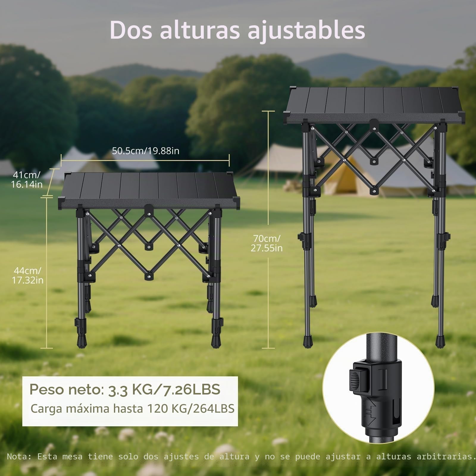 Anbte Mesa de Camping 50.5 x 41 x 44/70 cm,Aluminum Alloy | Mesa de Acampada Enrollable Cuadrada con Bolsa de Almacenamiento para al Aire Libre Patio de Picnic de Viaje de Caravana