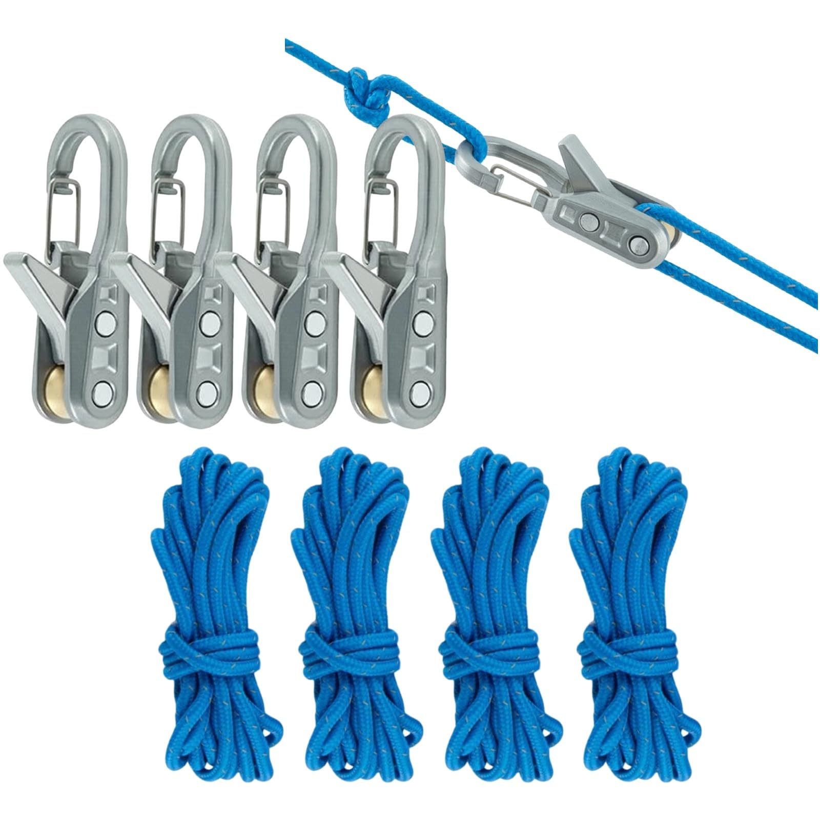 Rope Adjuster – Paracord&Outdoor Ropes Roller Cinching Tool with Rollercam Rope Roller Technology for Paracord and Guy Lines, 8 Pack(4 Hooks and 4 Ropes)