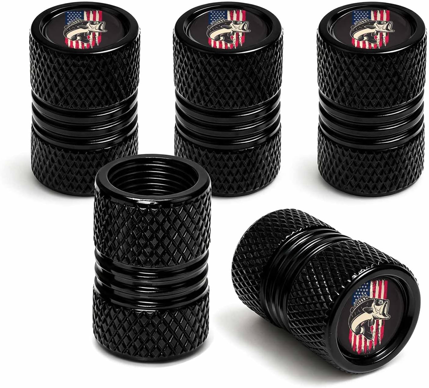 Bass Fishing USA Flag Tire Valve Stem Cap Aluminum,5 Pack Tire Valve Caps Universal for Cars,Trucks,Motorcycles,Bikes,American Flag Decorative Wheel Accessories Car Unique Gifts