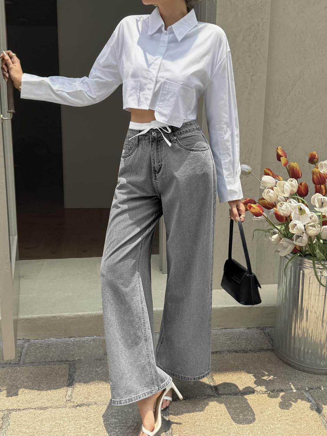 Cicy Bell Womens Wide Leg Jeans High Waisted Drawstring Color Block Patchwork Baggy Loose Y2K Denim Pants with Pockets - Image 2