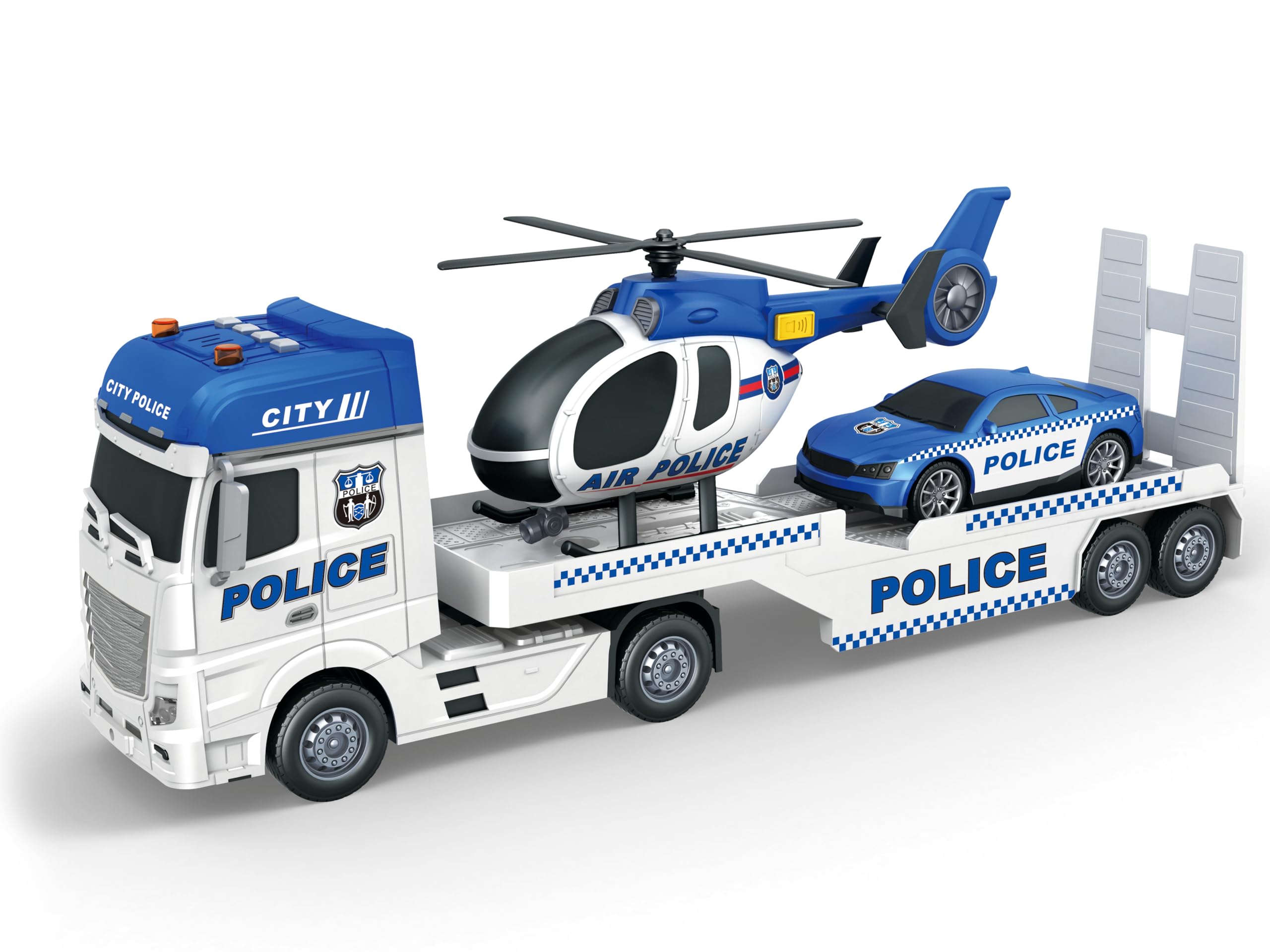 Teorema Giocattoli - Camión de Juguete para niños con helicóptero y Coche, Juego de vehículos con Luces y Sonidos, Movimiento de Embrague, Escala 1:16, Tema de policía