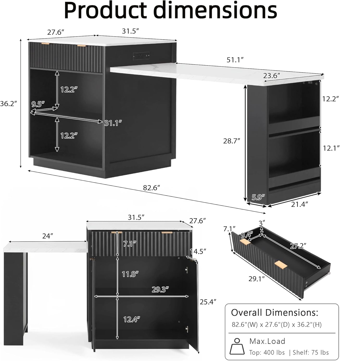82.6" Fluted Kitchen Island with Extendable Dining Table for 4-6, Kitchen Storage Islands with Power Outlet, Storage Islands Cart with Double-Side Storage & 2 Side Open Shelves, Black