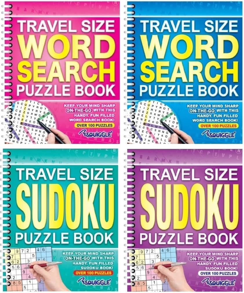 Youngland Travel Size A5 Puzzle Book Set of 4, Sudoku, Crossword & Word Search Puzzle Books, 100 Puzzles per Book with Solutions, Portable Spiral Bound Brain Games for Travel, Holidays & Home (Set 2)