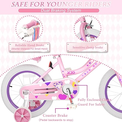 Miniatura 4 de XJD Bicicleta para niñas de 2 a 12 años de edad, bicicleta para niños de 12 a 20 pulgadas, con ruedas de entrenamiento y cesta Rosa claro,Flor