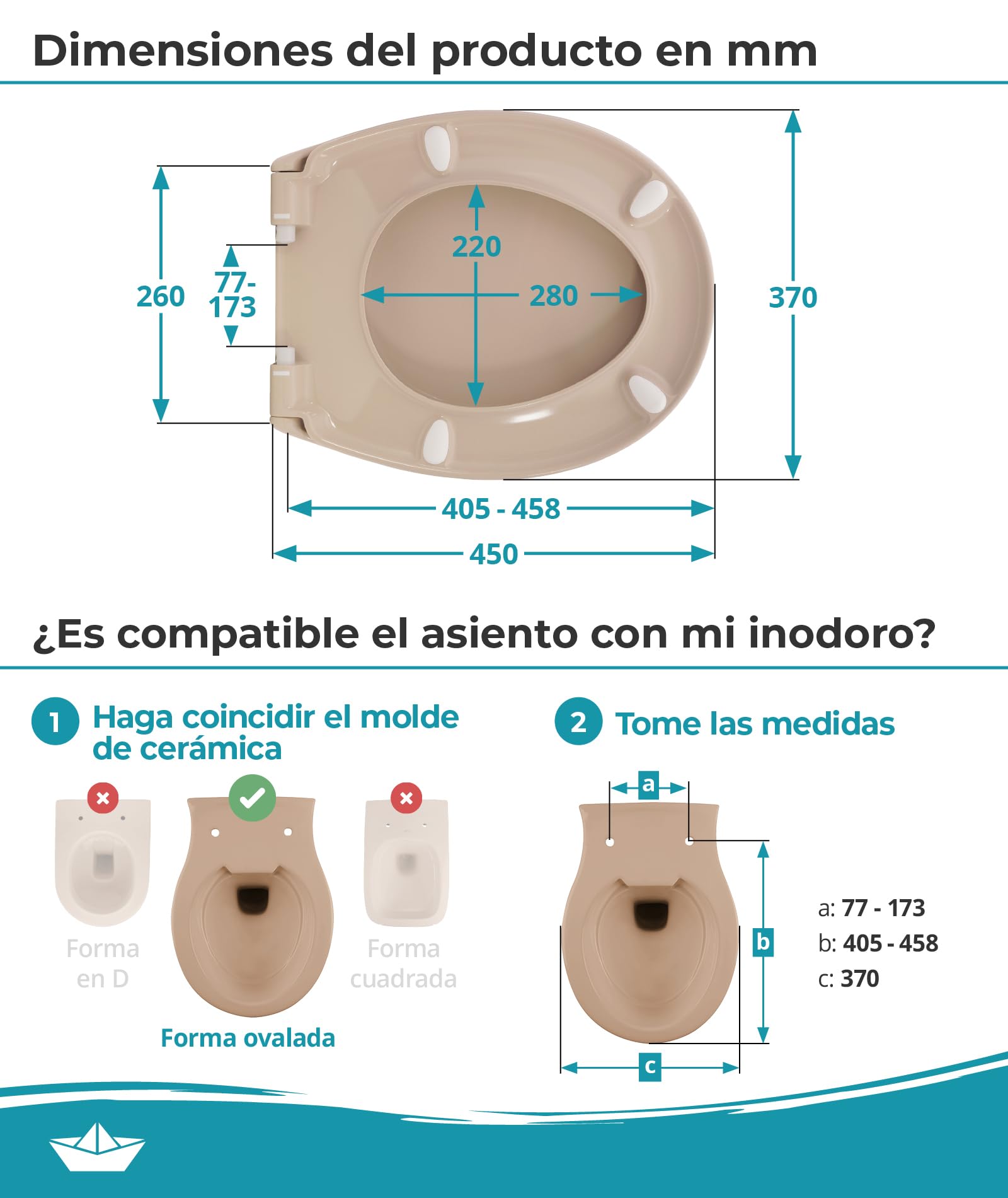 Calmwaters® Premium asiento de inodoro de fácil instalación, hasta 250 kg, Made in EU, duroplast antibacteriano, doble mecanismo de cierre suave, 2 opciones de fijación, extraíble, ovalado, beige