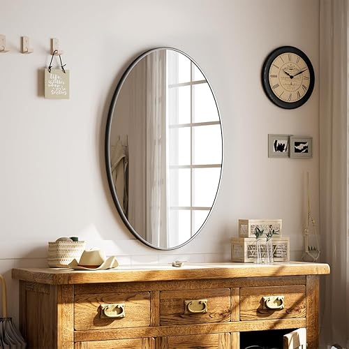 Miniatura 7 de VooBang Espejo de baño ovalado negro, 24 x 32 pulgadas, moderno espejo ovalado montado en la pared con vidrio templado para colgar horizontal o