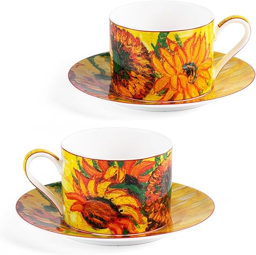 Miniatura 25 de KAMMAK Juego de 2 tazas de té y platillos, tazas de café de porcelana fina, tazas de café apilables de 8.5 onzas, Demitasse de cerámica para café,